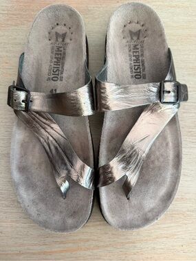 Mephisto Helen Mix Grey Etna Metallic  Adjustable Leather Thong Sandals Size 41